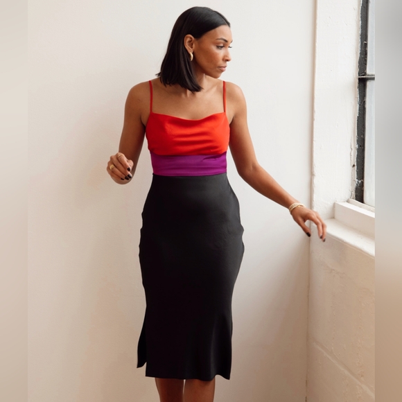 Express Silky Colorblock Strappy Dress, Black, Red and Purple- Size Small - Picture 3 of 13